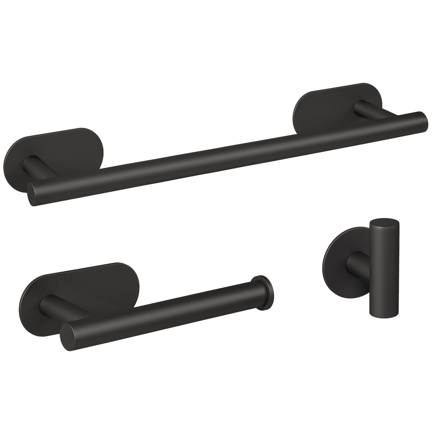 Accesorios de baño adhesivos pegados sin taladro negro mate Toallero 40cm+ Percha+ Portarollos - 2Perchas