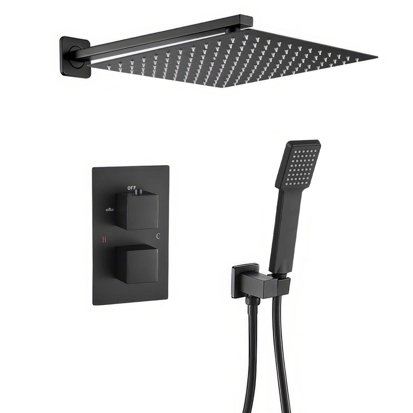 Ducha empotrada termostática a pared cuadrada negro mate - Serie Eresma - 40cm