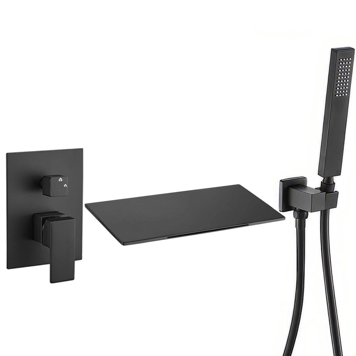 Griferia para bañera empotrada cuadrada monomando con cascada negro mate - Serie Tajo