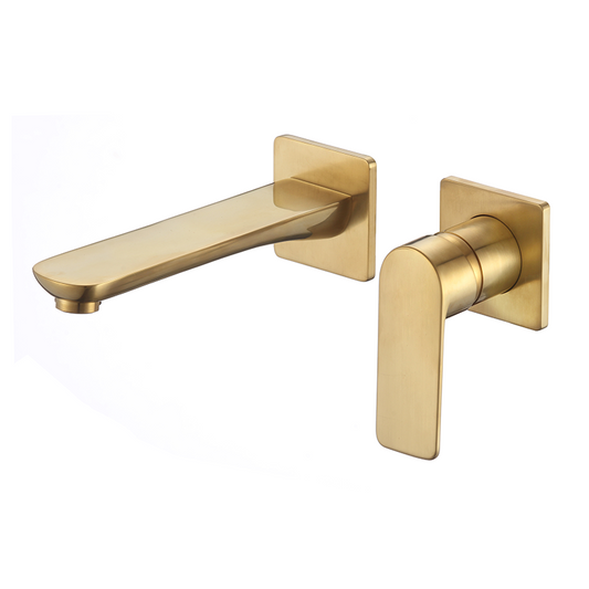 Grifo empotrado de lavabo monomando cuadrada dorado cepillado con caño de 21CM - Serie Esla