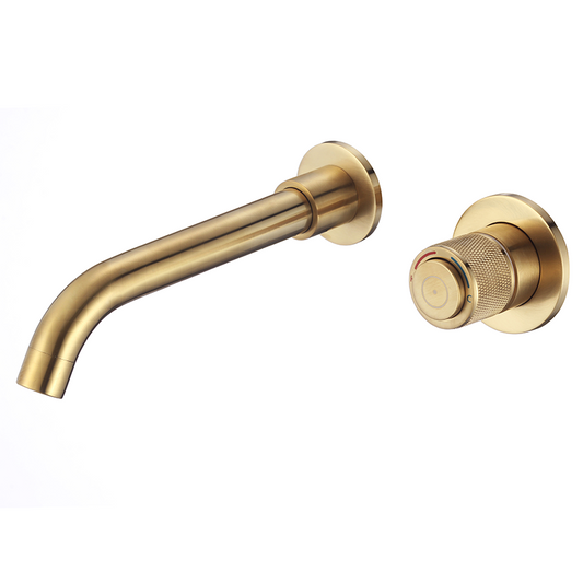 Grifo empotrado de lavabo monomando de botón redondo dorado cepillado con caño de 21CM - Serie Andarax