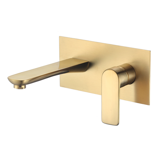 Grifo de lavabo empotrado ovalado con embellecedor cuadrado dorado cepillado con caño de 21CM - Serie sil