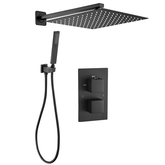Ducha empotrada termostática a pared cuadrada negro mate - Serie tajo - 25cm