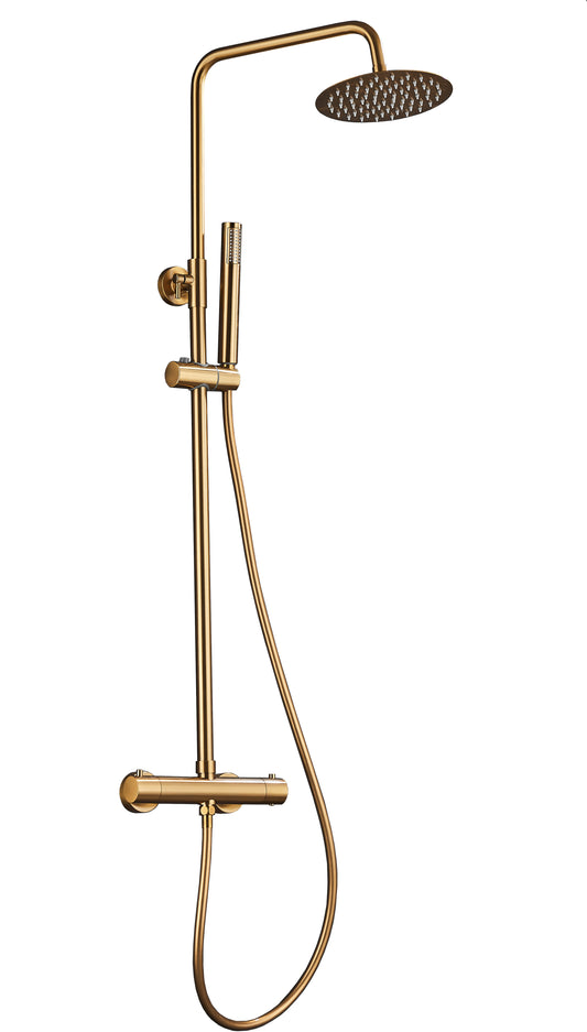 Barra de ducha termostática redonda ajustable hasta 120CM dorado cepillado Serie Ebro - 25cm