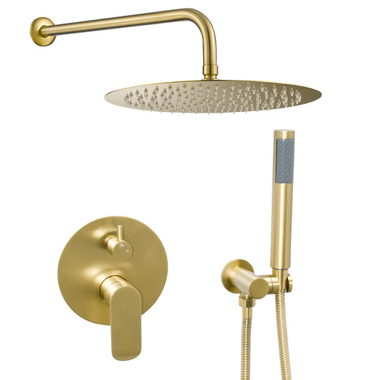 Ducha empotrada monomando a pared redonda oro mate con protección PVD - Serie Tuejar - 20cm
