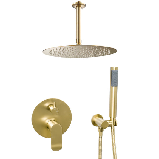 Ducha empotrada monomando a techo redonda oro mate con protección PVD- Serie Tuejar - 30cm
