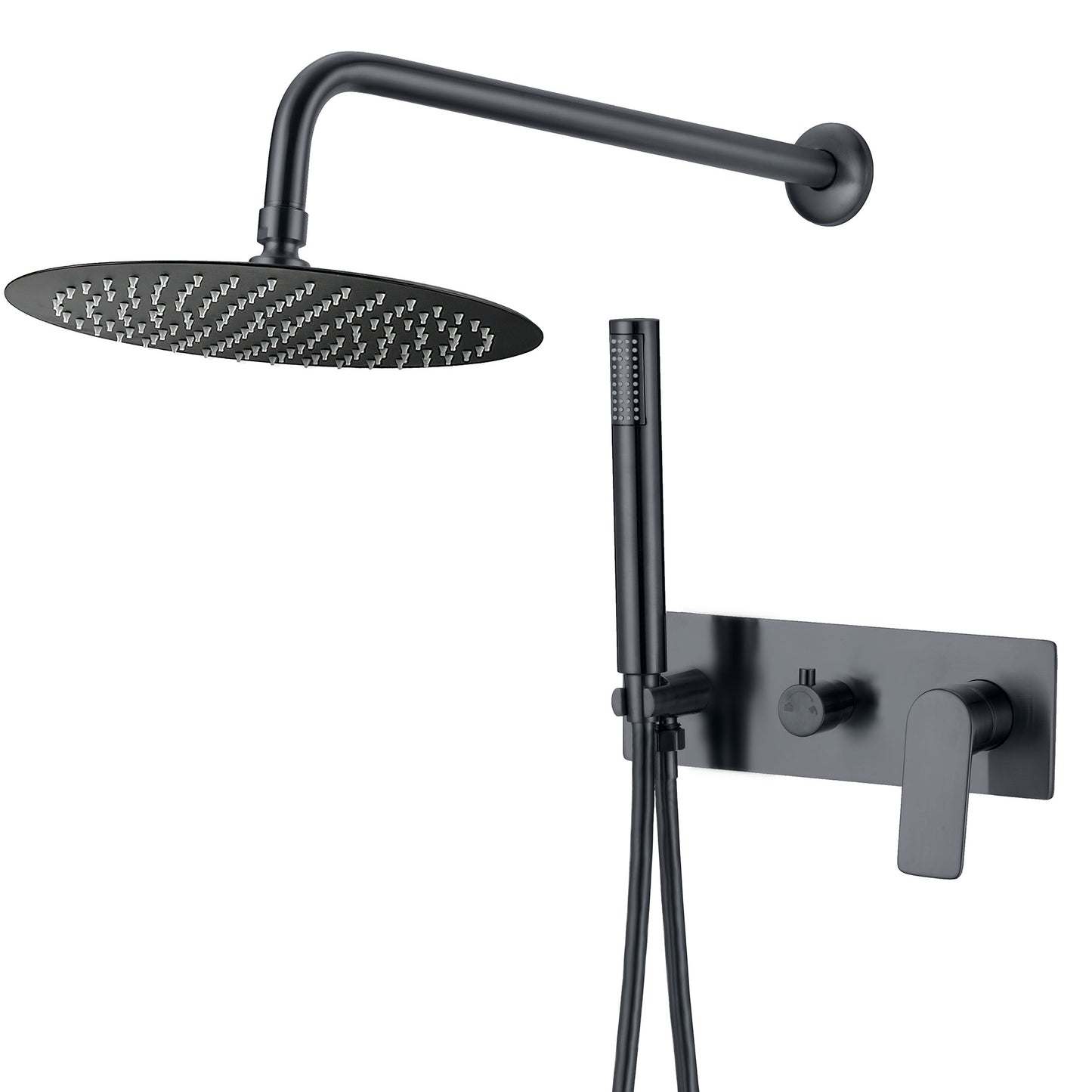 Ducha empotrada monomando redonda con embellecedor rectangular negro mate - Serie Sil - 20cm