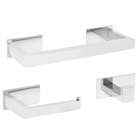 Accesorios de baño adhesivos pegados sin taladro cromado cuadrados Toallero 30cm+ Percha+ Portarollos - 2Perchas