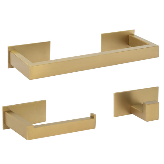 Accesorios de baño adhesivos pegados sin taladro oro mate con protección PVD cuadrados Toallero 30cm+ Percha+ Portarollos - 2Perchas