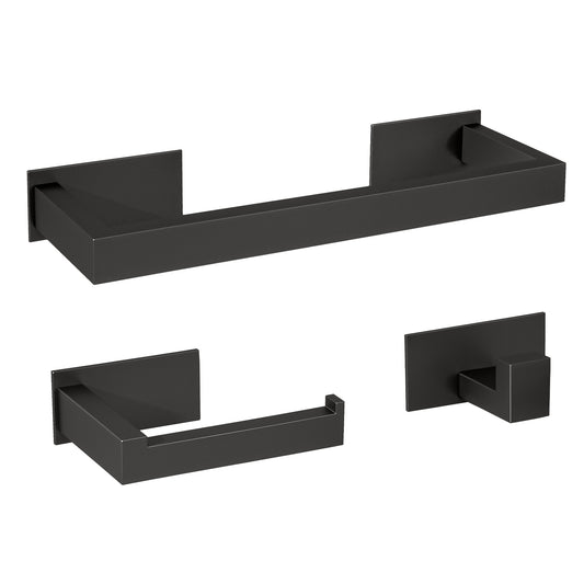 Accesorios de baño adhesivos pegados sin taladro negro mate cuadrados Toallero 30cm+ Percha+ Portarollos - 3Perchas