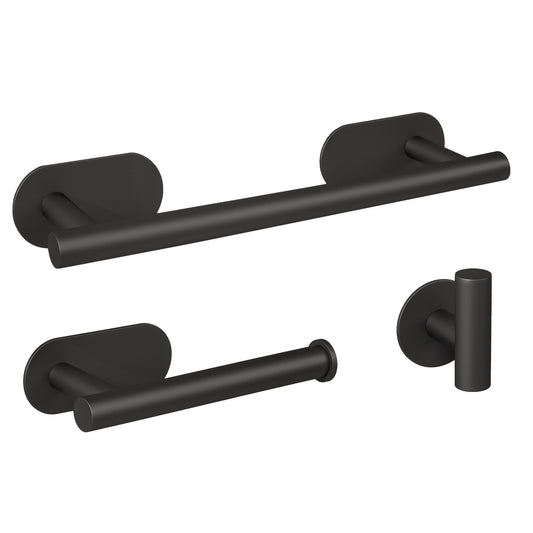 Accesorios de baño adhesivos pegados sin taladro negro mate Toallero 30cm+ Percha+ Portarollos - 2Perchas