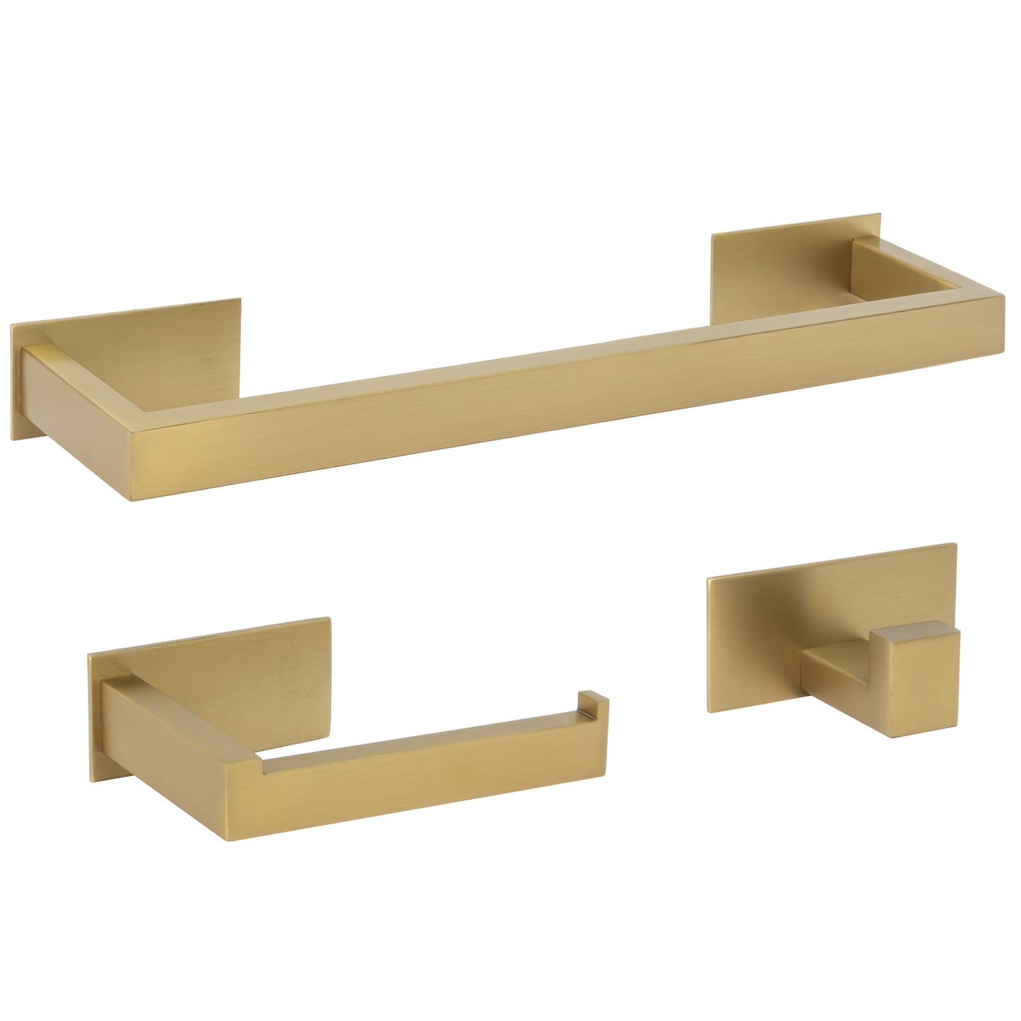 Accesorios de baño adhesivos pegados sin talado oro mate con protección PVD cuadrados Toallero 40cm+ Percha+ Portarollos - 3Perchas