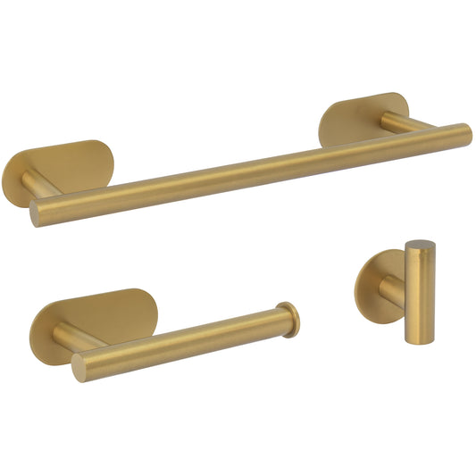 Accesorios de baño adhesivos pegados sin taladro oro mate con protección PVD redondo Toallero 40cm+ Percha+ Portarollos - 1Percha