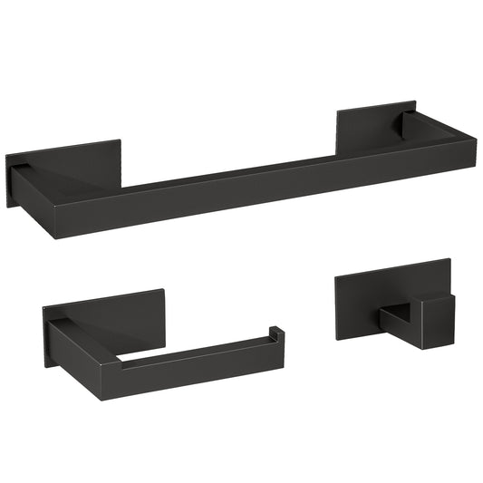 Accesorios de baño adhesivos pegados sin taladro negro mate cuadrados Toallero 40cm+ Percha+ Portarollos - 2Perchas