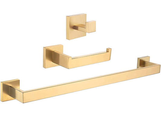 Accesorios de baño cuadrados en dorado cepillado Toallero+ Percha+ Portarollos - 3Perchas