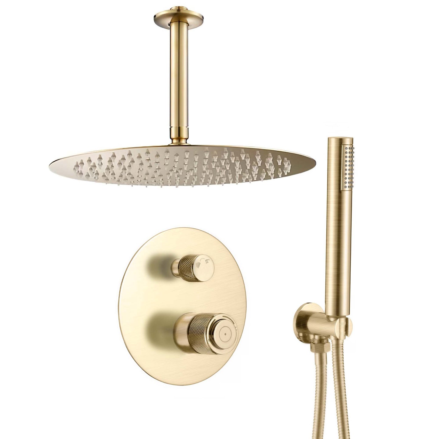 Ducha empotrada monomando con botón redonda a techo dorado cepillado - Serie Andarax - 25cm