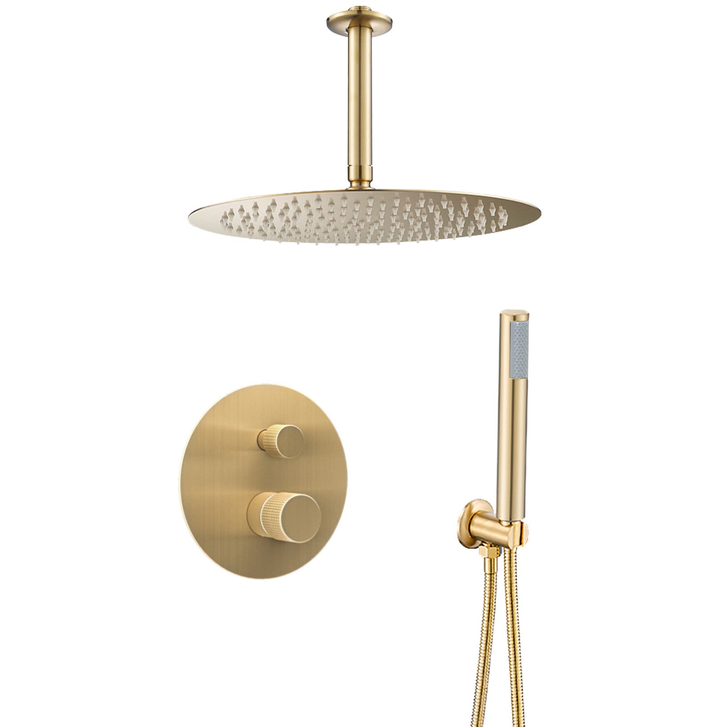 Ducha empotrada monomando techo redonda maneta luxury oro mate con protección PVD - Serie Besaya - 30cm