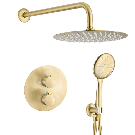 Ducha empotrada termostática pared redonda dorado cepillado - Serie Cabriel - 20cm
