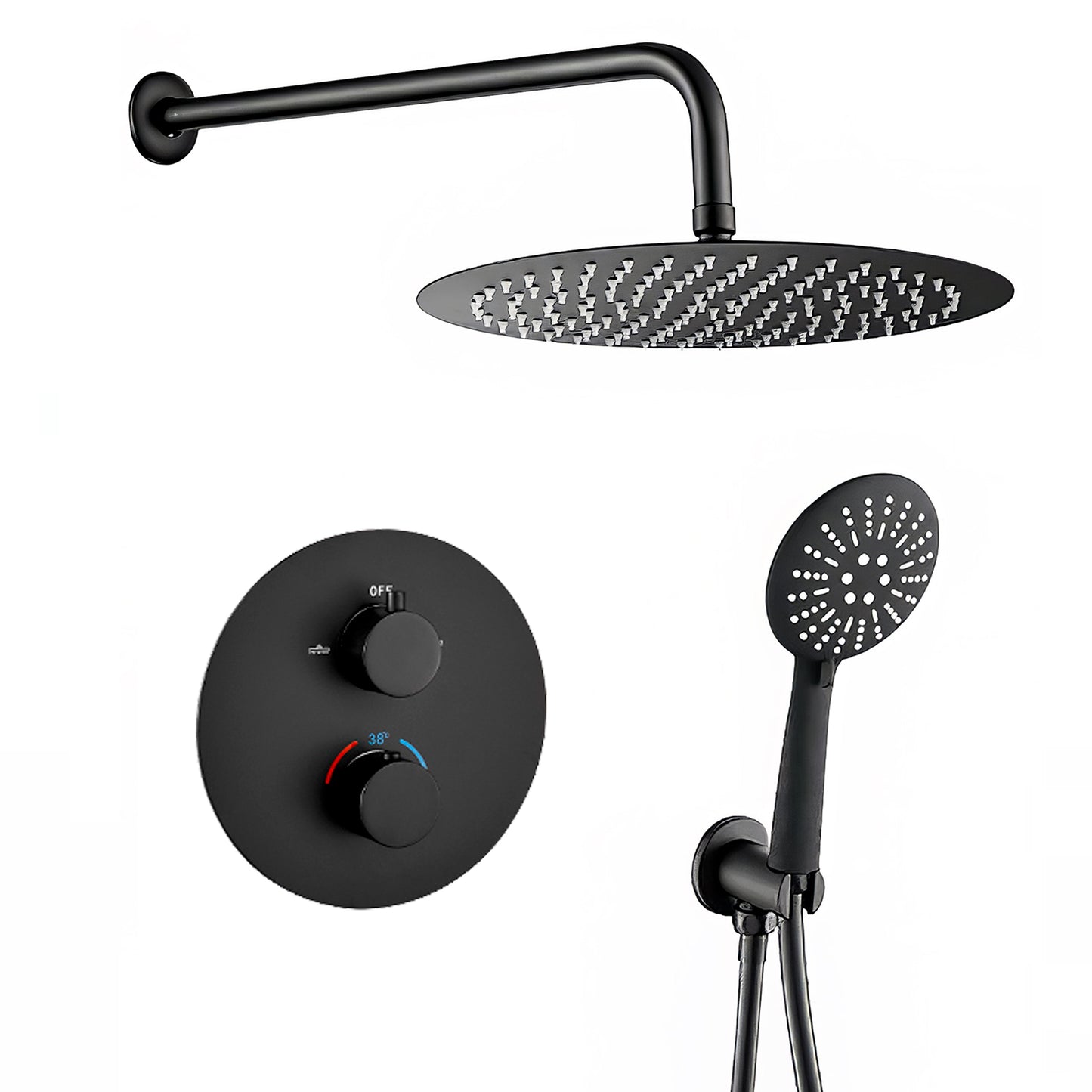 Ducha empotrada termostática pared redonda negro mate - Serie Cabriel - 30cm