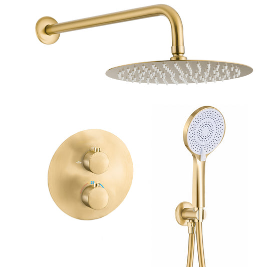 Ducha empotrada termostática pared redonda oro mate con protección PVD - Serie Cabriel - 30cm
