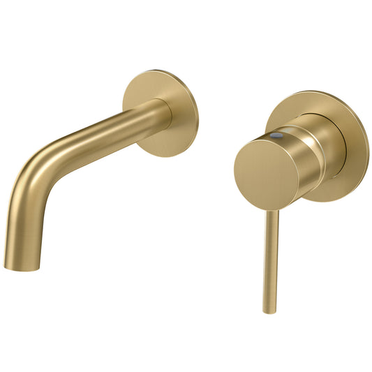 Grifo lavabo empotrado redondo monomando con caño de 15cm fino y fijo oro mate con protección PVD - Serie Deva