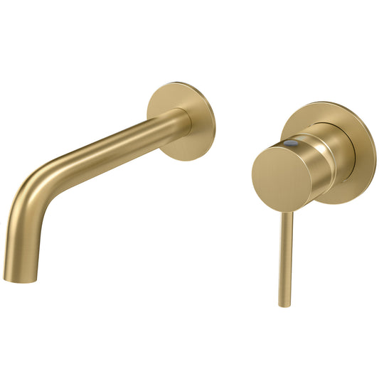 Grifo lavabo empotrado redondo monomando con caño de de 21CM fino y fijo oro mate con protección PVD  - Serie Deva