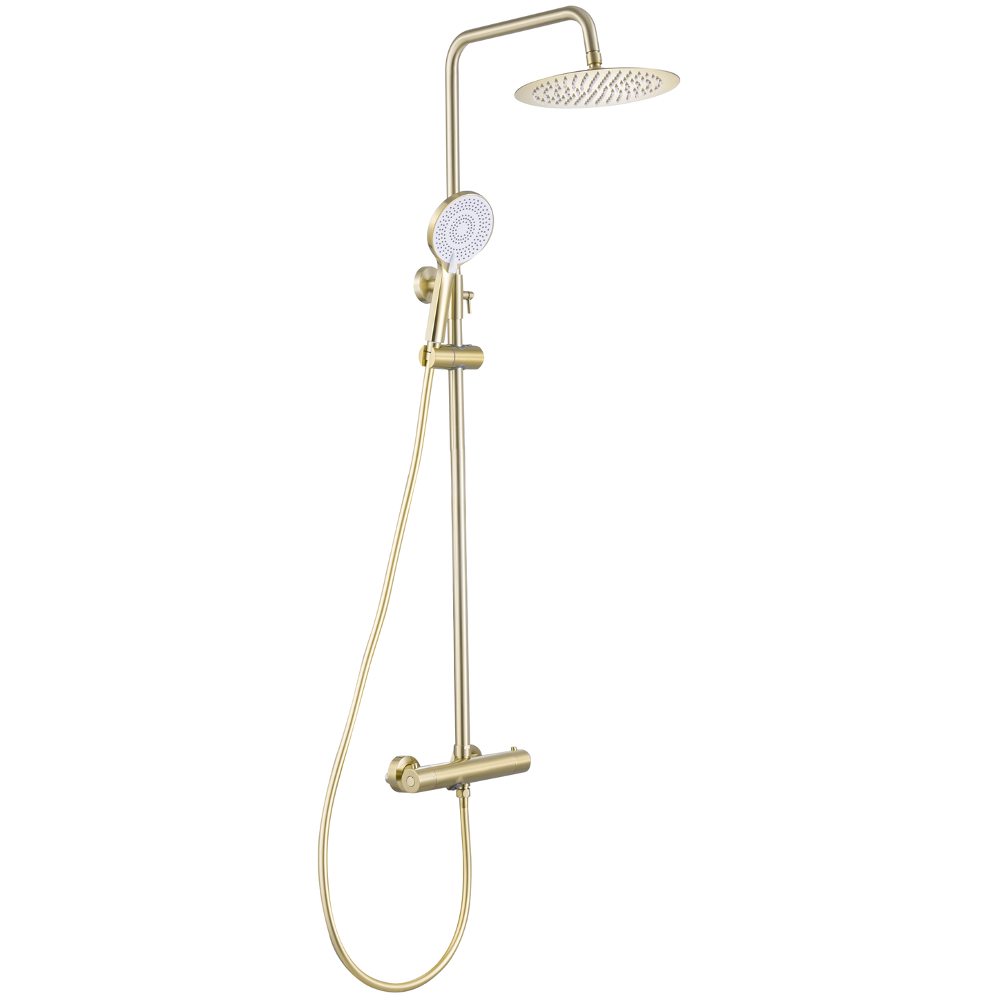 Barra de ducha/bañera termostática redonda ajustable hasta 150CM dorado cepillado - Serie Ebro - 20cm