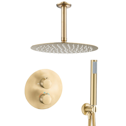 Ducha empotrada termostática techo redonda oro mate con protección PVD - Serie Jucar - 30cm