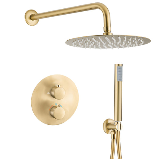 Ducha empotrada termostática pared redonda oro mate con protección PVD - Serie Jucar - 20cm