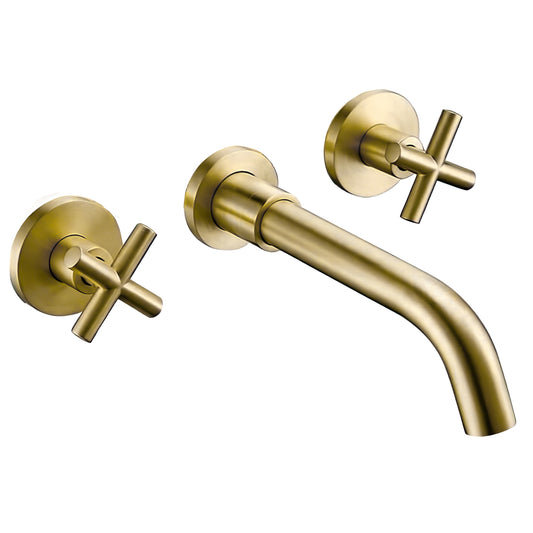 Grifo de lavabo empotrado redondo bimando dorado cepillado con caño de 21CM - Serie Nalon