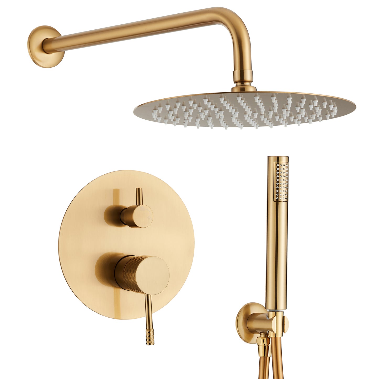 Ducha empotrada monomando redonda acabado maneta luxury dorado cepillado a pared - Serie Ofin - 25cm