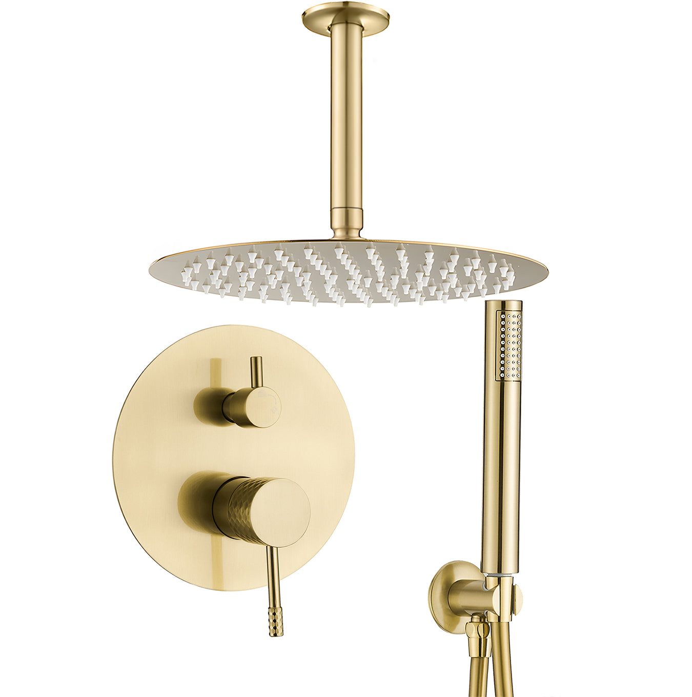 Ducha empotrada monomando techo redonda acabado maneta luxury dorado cepillado - Serie Ofin - 30cm