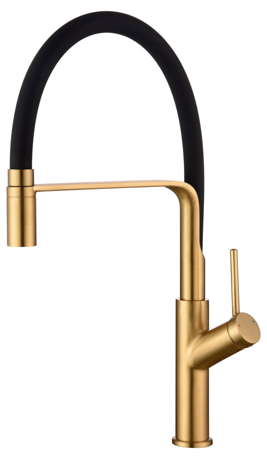 Grifo cocina alto con caño flexible y giratorio monomando dorado cepillado  - Serie Saja