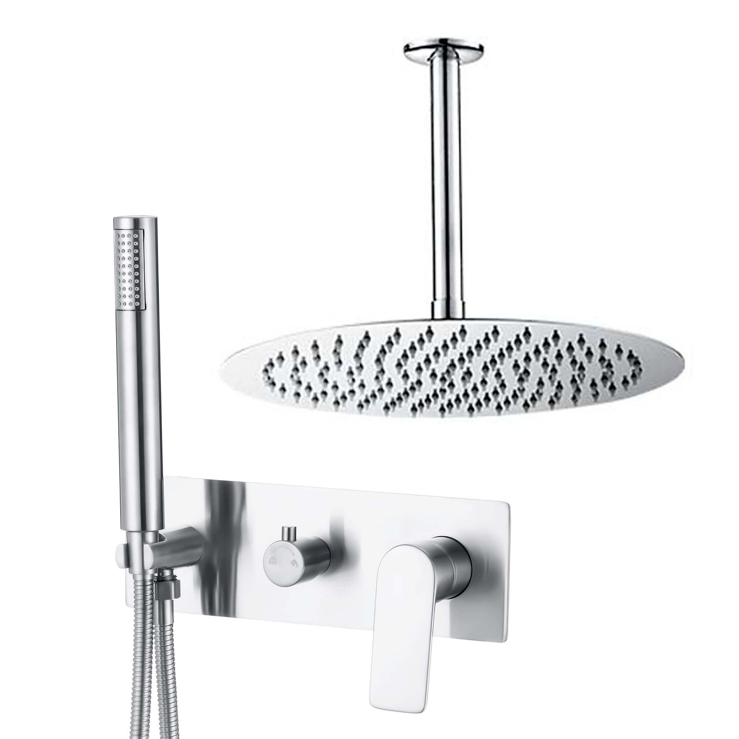 Ducha empotrada monomando redonda con embellecedor rectangular a techo cromado - Serie Sil - 25cm