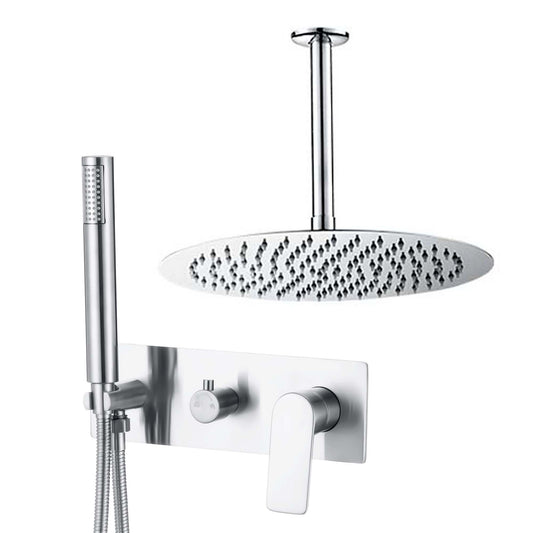 Ducha empotrada monomando redonda con embellecedor rectangular a techo cromado - Serie Sil - 30cm