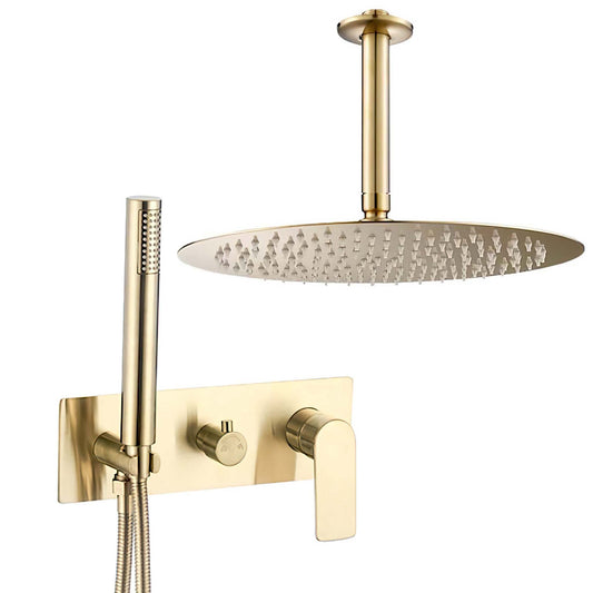 Ducha empotrada monomando redonda con embellecedor rectangular a techo dorado cepillado - Serie Sil - 25cm