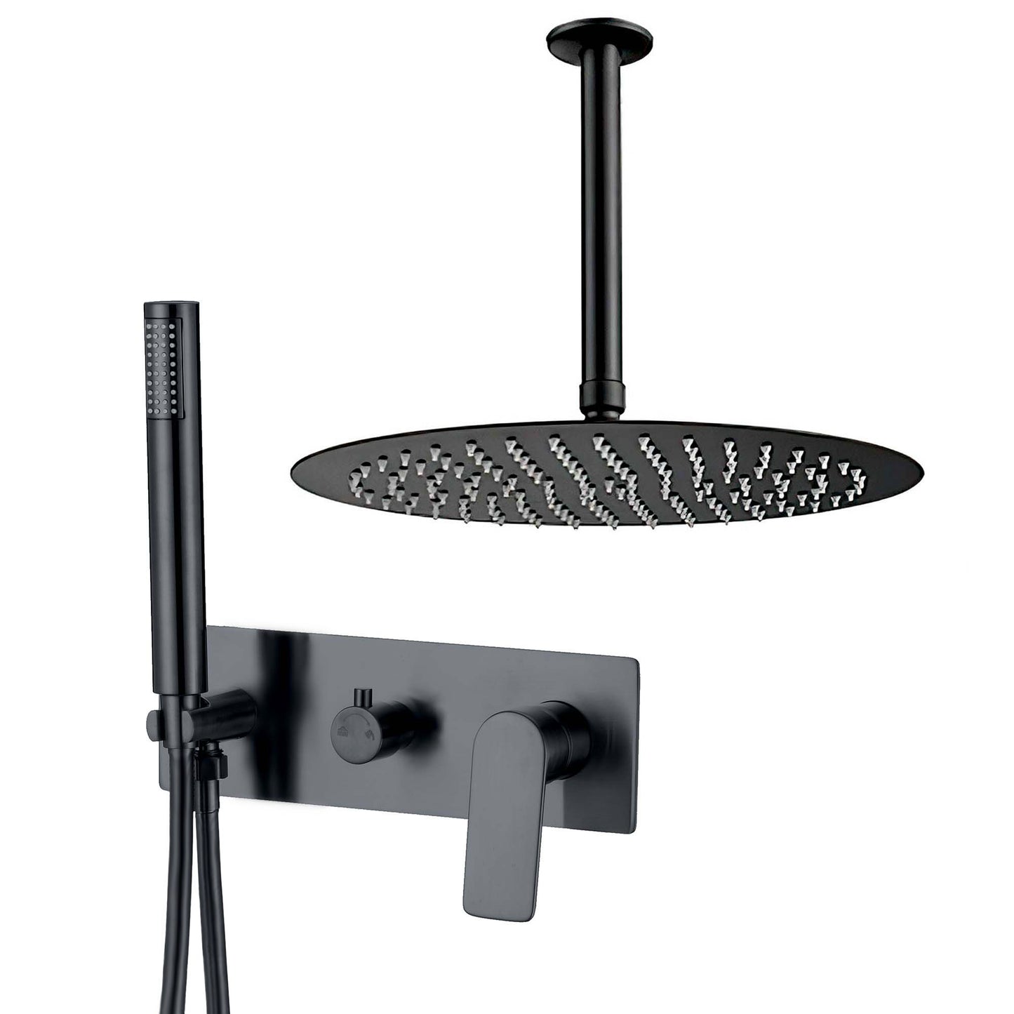 Ducha empotrada monomando redonda con embellecedor rectangular a techo negro mate - Serie Sil - 25cm
