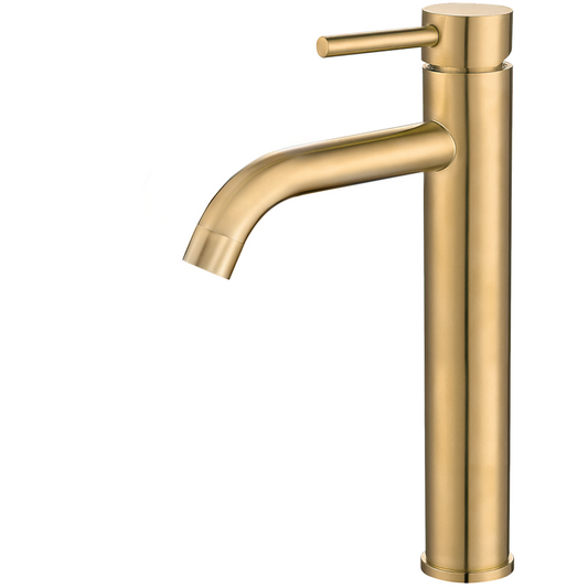 Grifo de lavabo alto para pica monomando redondo dorado cepillado - Serie Jabalon