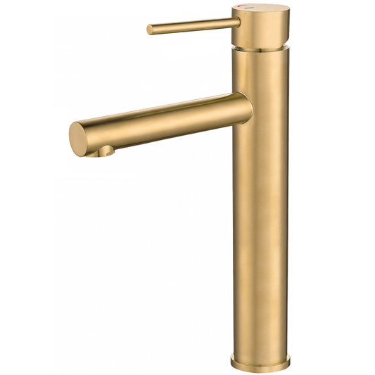 Grifo de lavabo alto para pica con apertura en agua fría monomando caño recto oro mate con protección PVD - Serie Nansa
