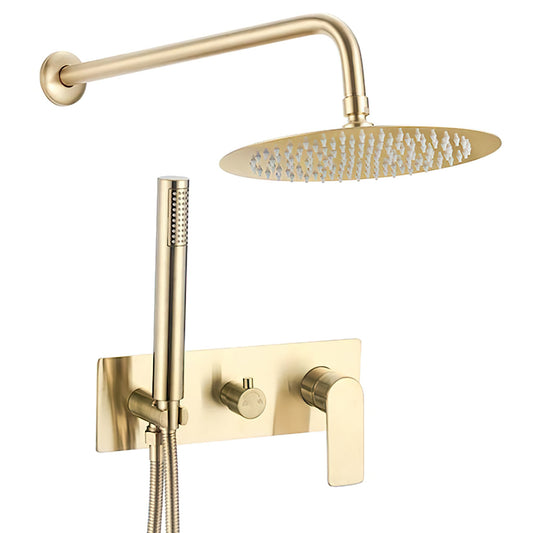 Ducha empotrada monomando redonda con embellecedor rectangular dorada cepillada - Serie Sil - 20cm