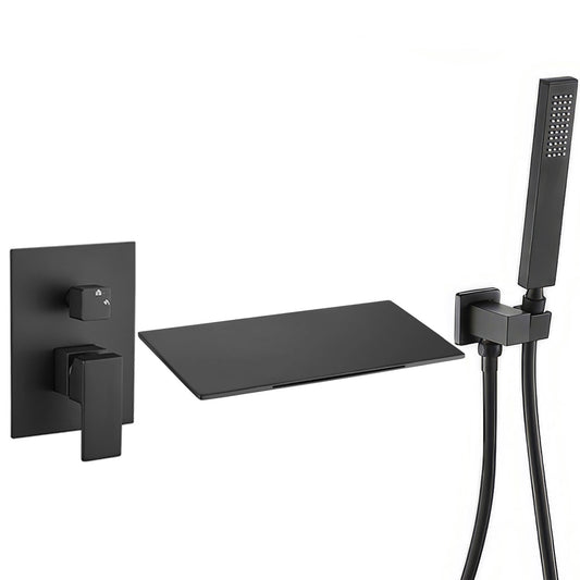 Griferia para bañera empotrada cuadrada monomando con cascada negro mate - Serie Tajo